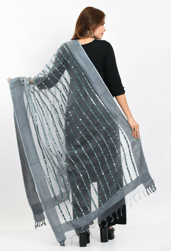 Mominos Fashion Moeza Women's Orgenza Mirror Stripe Thread Work Grey Dupatta | Grocsy