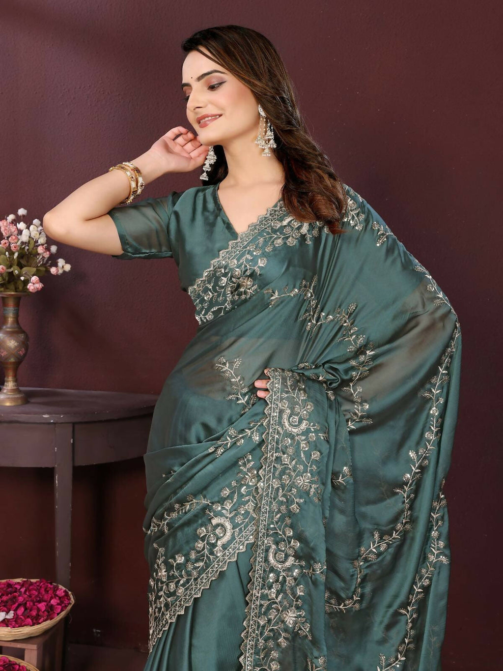 Ai Fashion Grey Rangoli Silk Embroidery Party Wear Saree | Grocsy