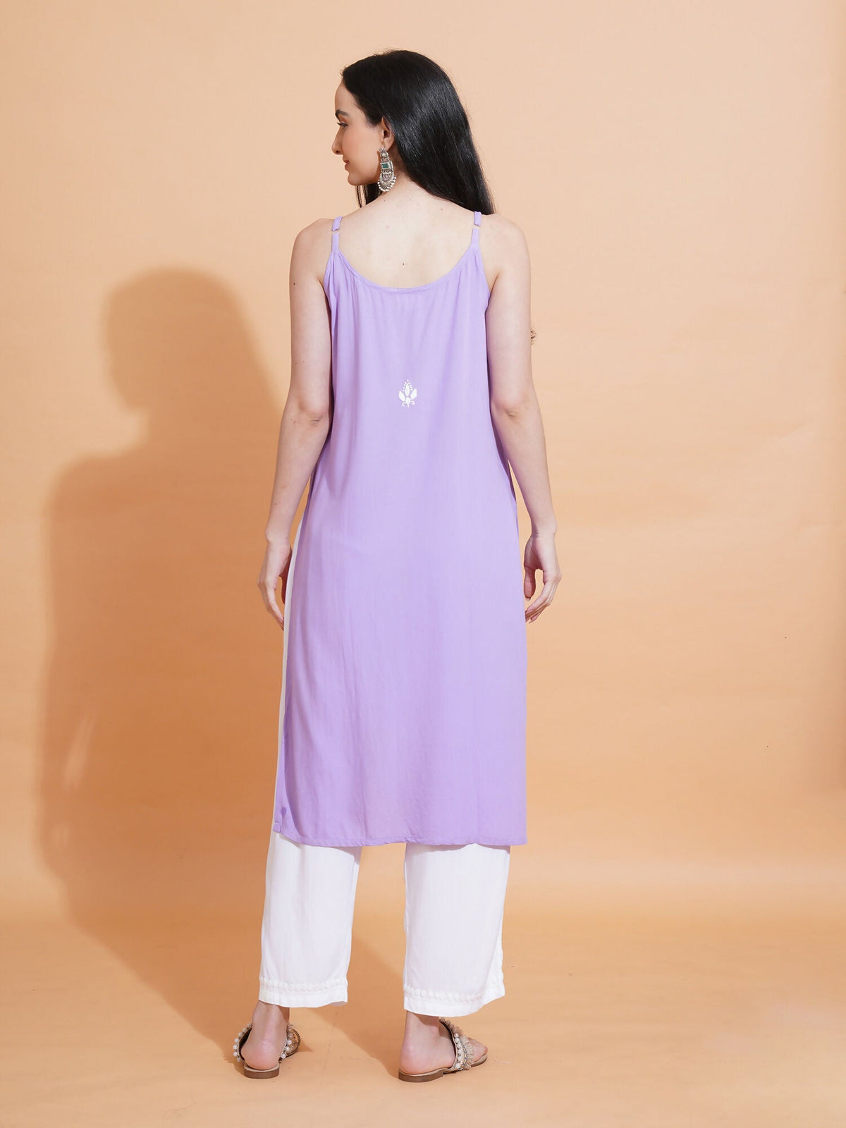 Pahnaz Luxury Rayon Chikankari Sleeveless Long Kurti-Lavender | Grocsy