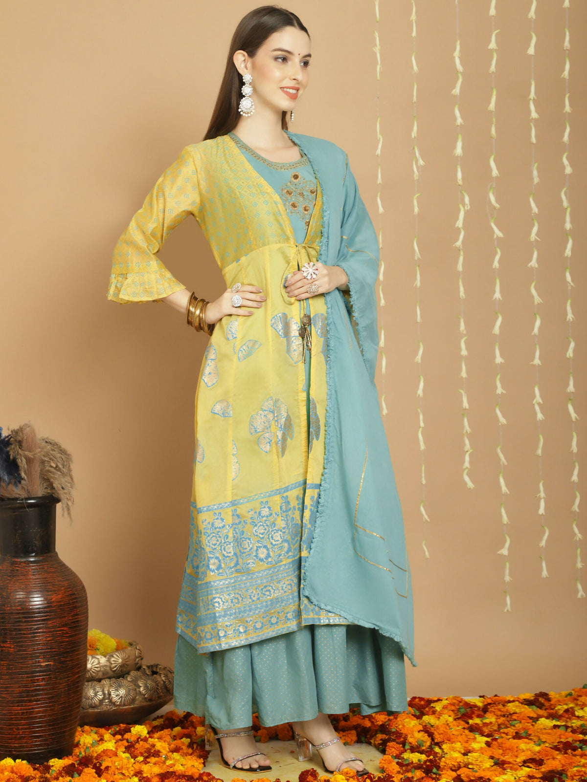 Jyoti Fashion Women's Yellow Chanderi Silk Elegant Jardoshi Kurta with Trouser & Dupatta | Grocsy