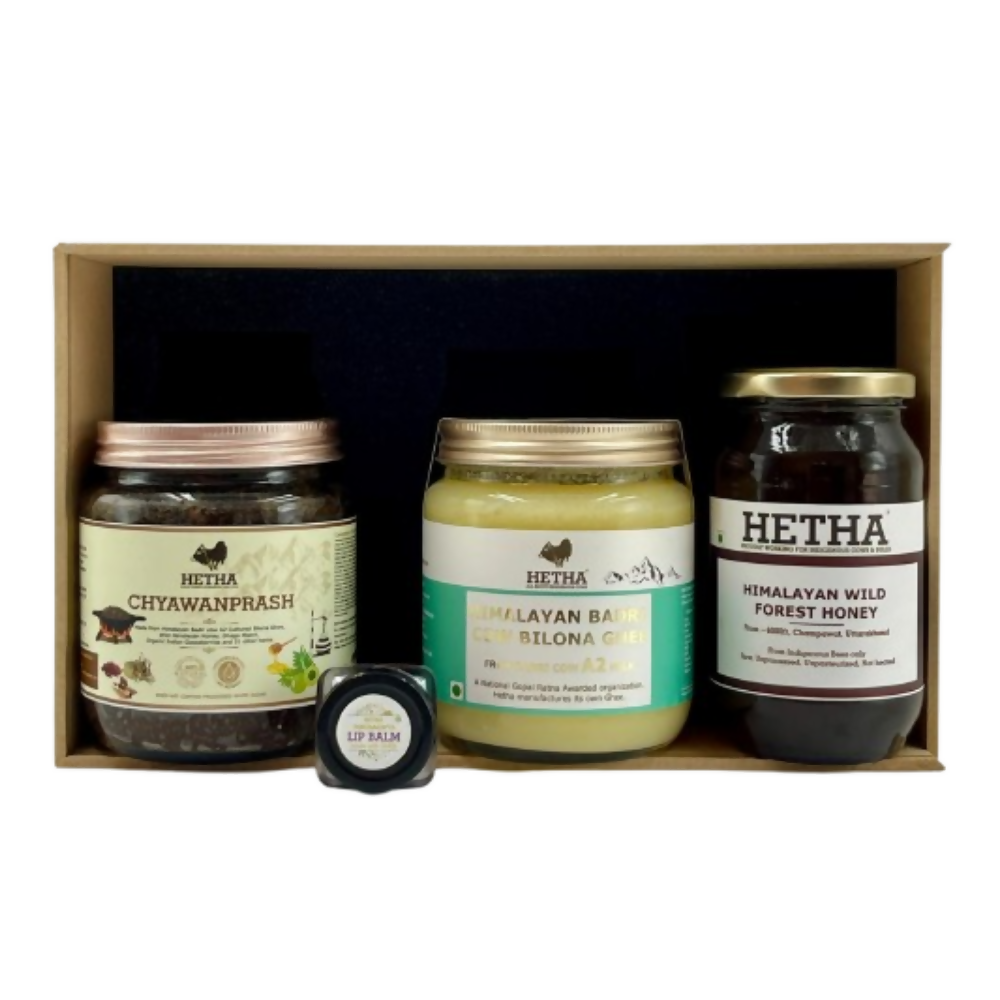 Hetha Gift Box with Himalayan Badri Cow A2 Cultured Bilona Ghee, Chyawanprash, Honey & Lip Balm | Grocsy