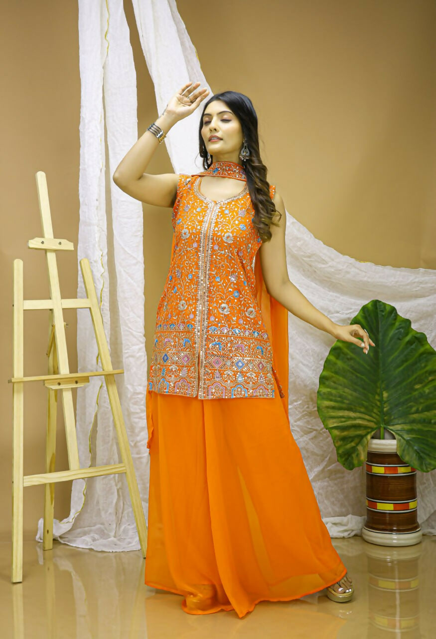 Joban Fashion Orange Georgette Embroidered Sharara Set | Grocsy