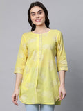 Ahalyaa Women Yellow Pure Cotton Glitter Print Tunic | Grocsy