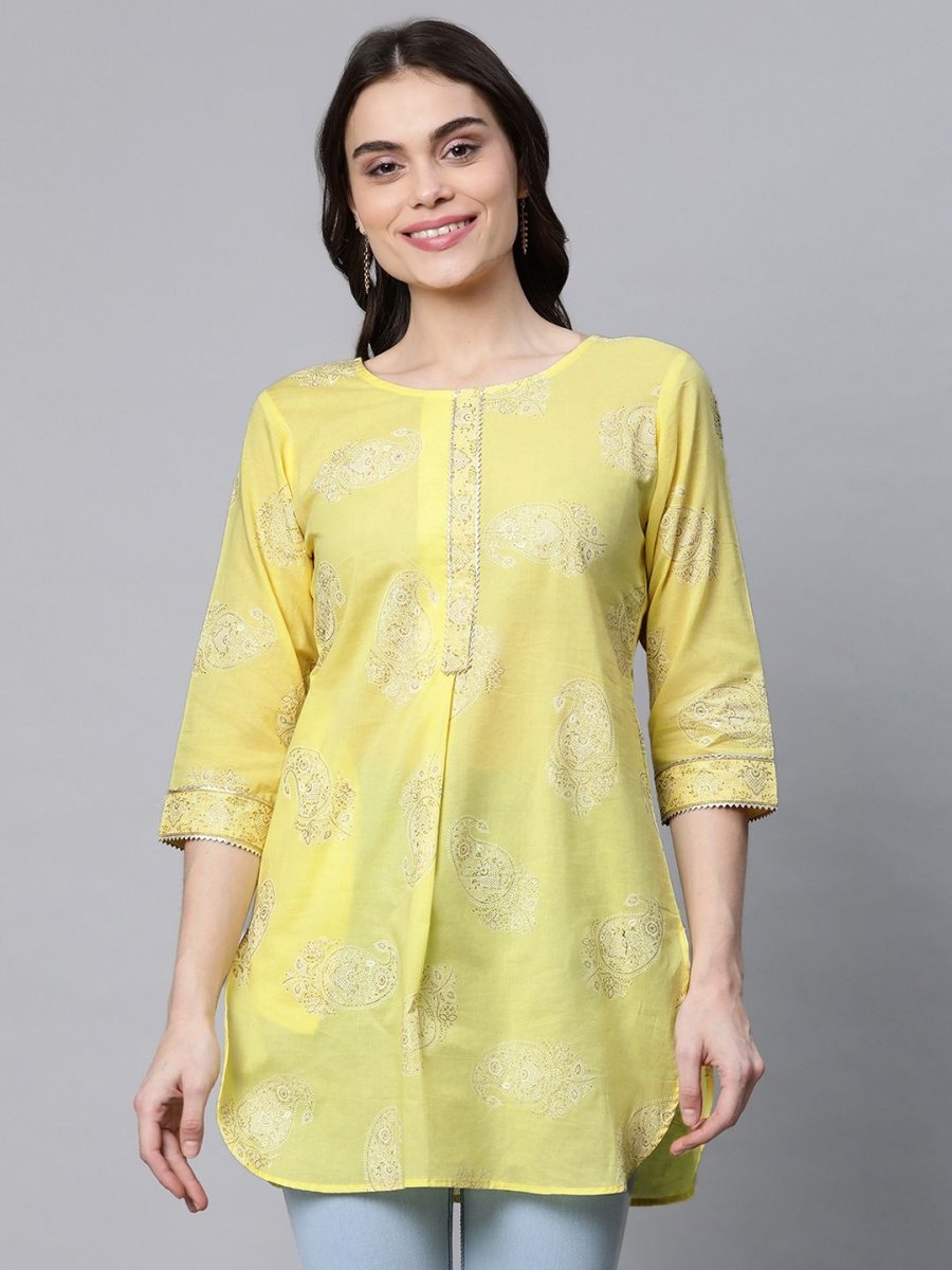 Ahalyaa Women Yellow Pure Cotton Glitter Print Tunic | Grocsy