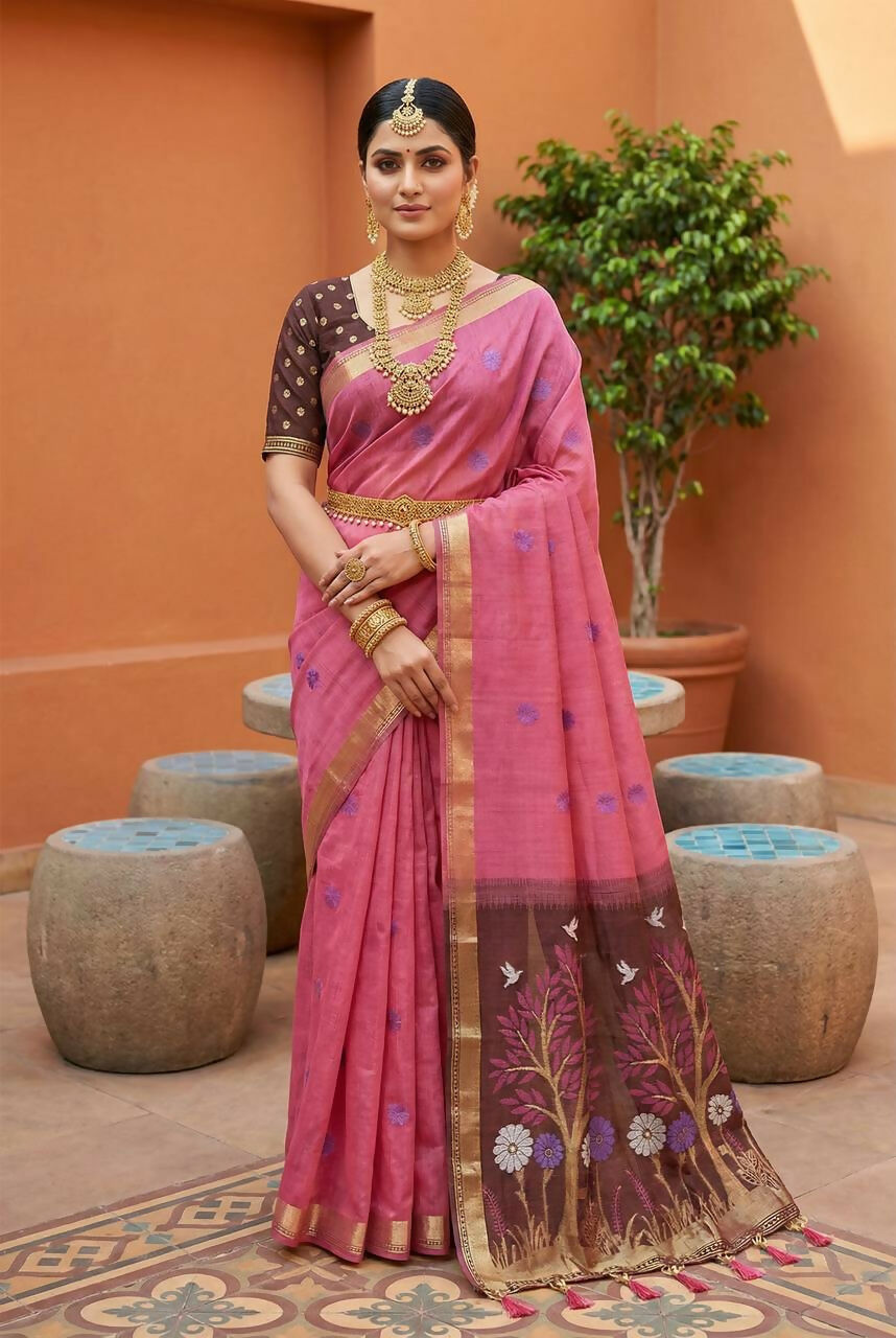 Vastranavya Pink Muga Cotton Meenakari & Azarakh Pallu Saree with Contrast Blouse | Grocsy