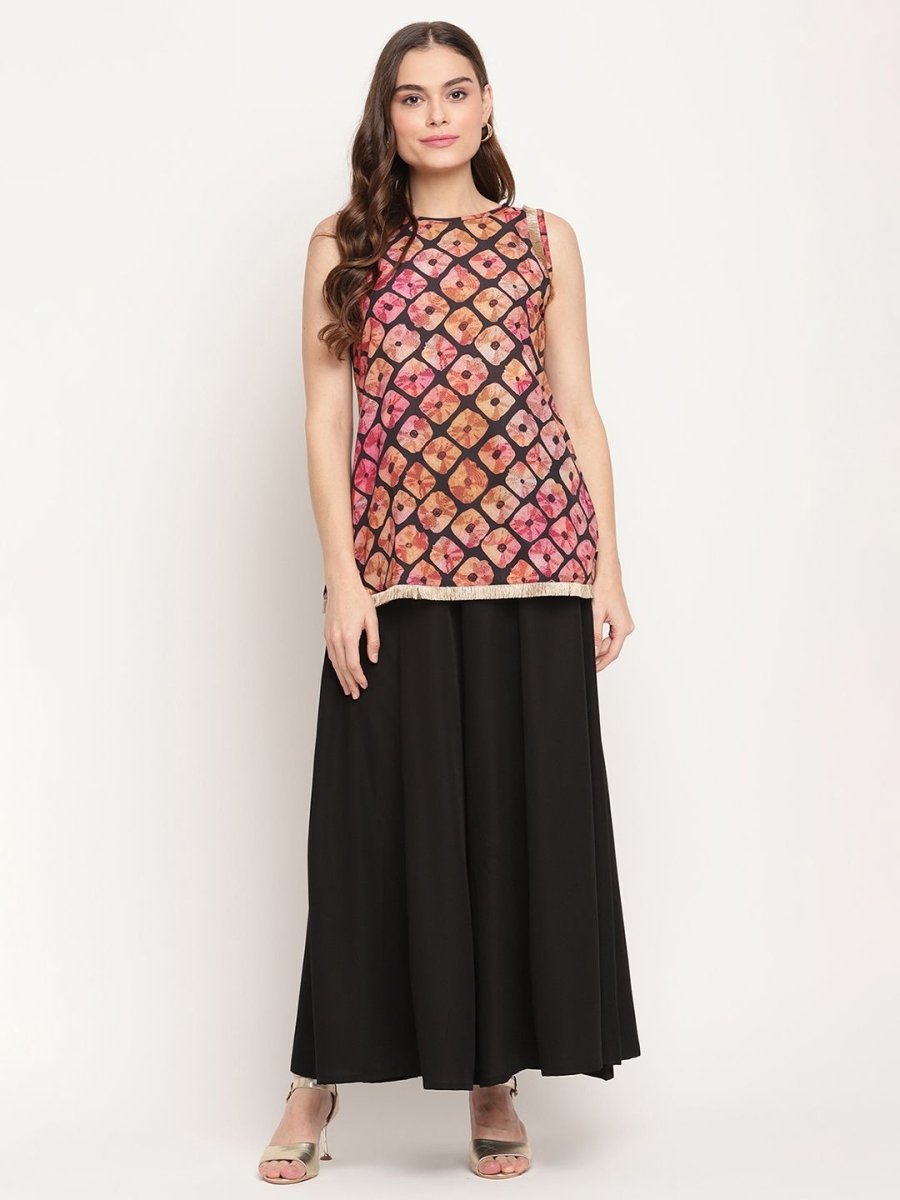 Ahalyaa Women's Black Crepe Digital Shibori Print Top Palazzo Set | Grocsy