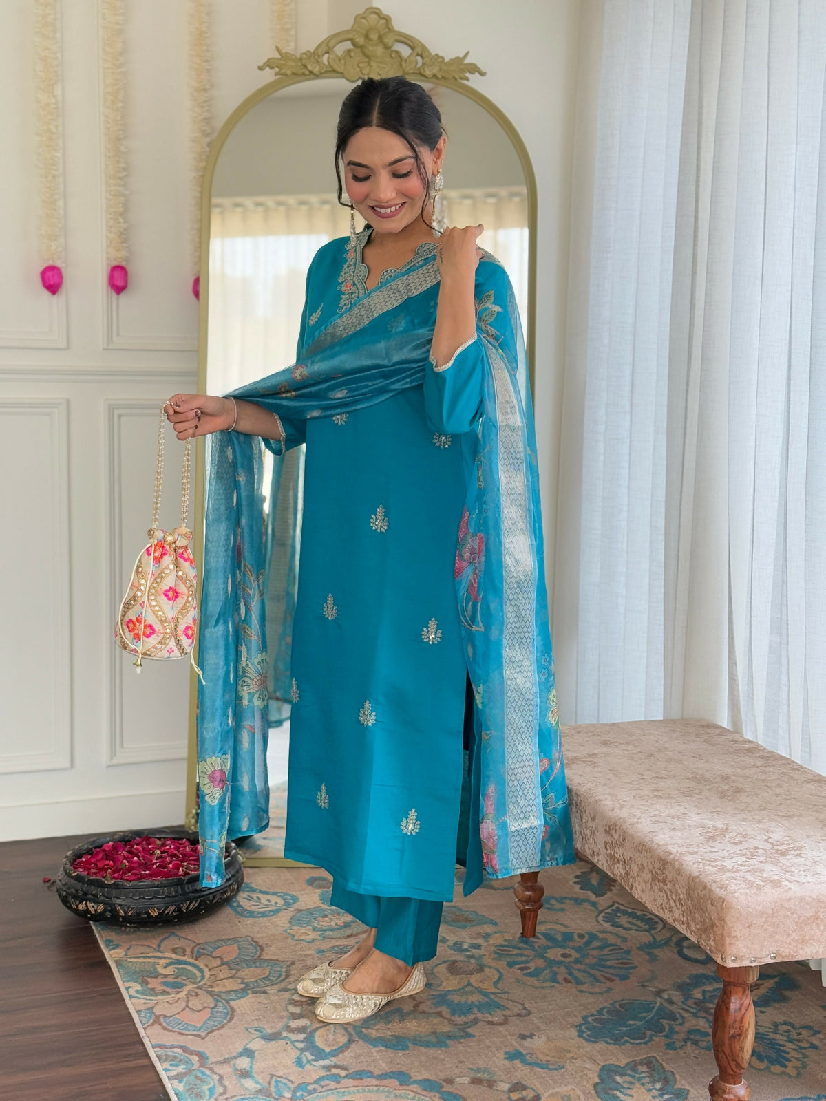 The52 Blue Women's Gorgeous Viscose Fabric Embroidered Work Straight Kurta, Pant and Dupatta Set | Grocsy