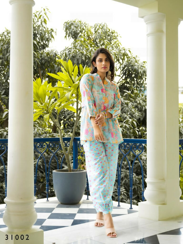 Casual Fashionable Multi Muslin Cotton co-ord set - Manya | Grocsy