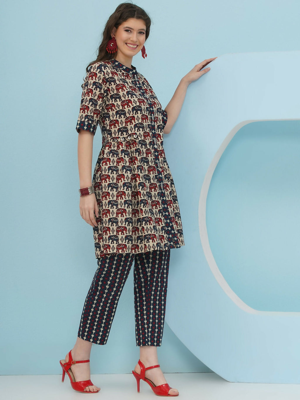 Joban Fashion Elephant Printed Co Ord Set - Beige | Grocsy