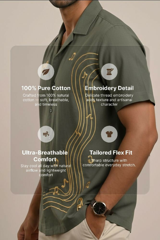 Echo — Green Music Embroidered Cotton Shirt by Hilo Design | Grocsy