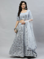 Sky Blue Georgette Paper Mirror Embroidery Work Lehenga Choli with Dupatta - Jivika | Grocsy