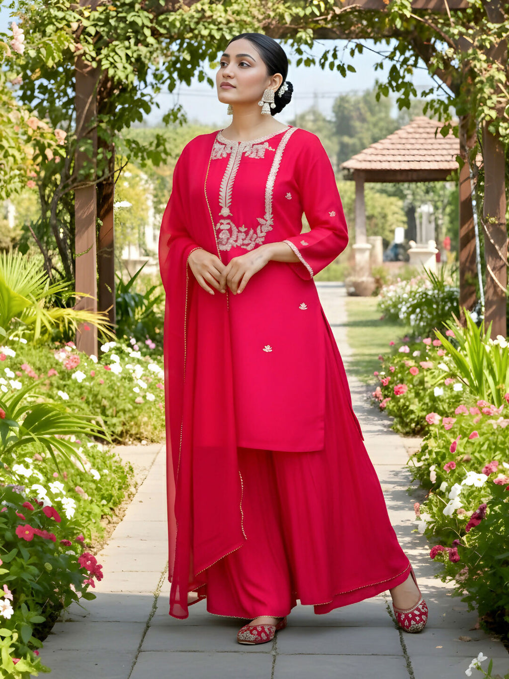 The52 Women's Gorgeous Embroidery Work Viscose Silk Fabric Straight Kurta Palazzo and Dupatta Set-Red | Grocsy