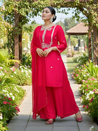The52 Women's Gorgeous Embroidery Work Viscose Silk Fabric Straight Kurta Palazzo and Dupatta Set-Red | Grocsy