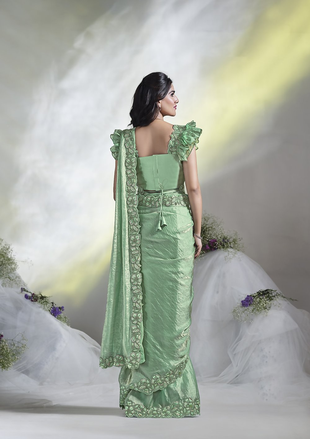 Sea Green Two Tone Satin Silk Designer Ready to wear saree with stithced Blouse - Mohmanthan Aura | Grocsy