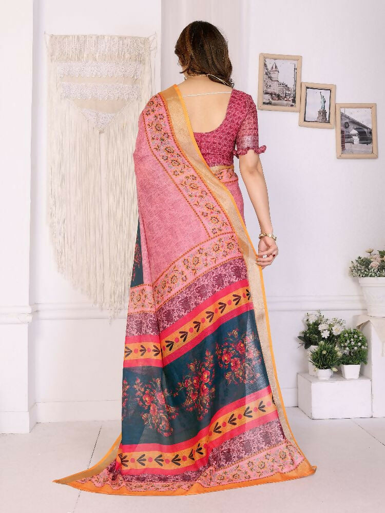 PR Fashion Orange Handloom Linen Cotton Zari Saree | Grocsy