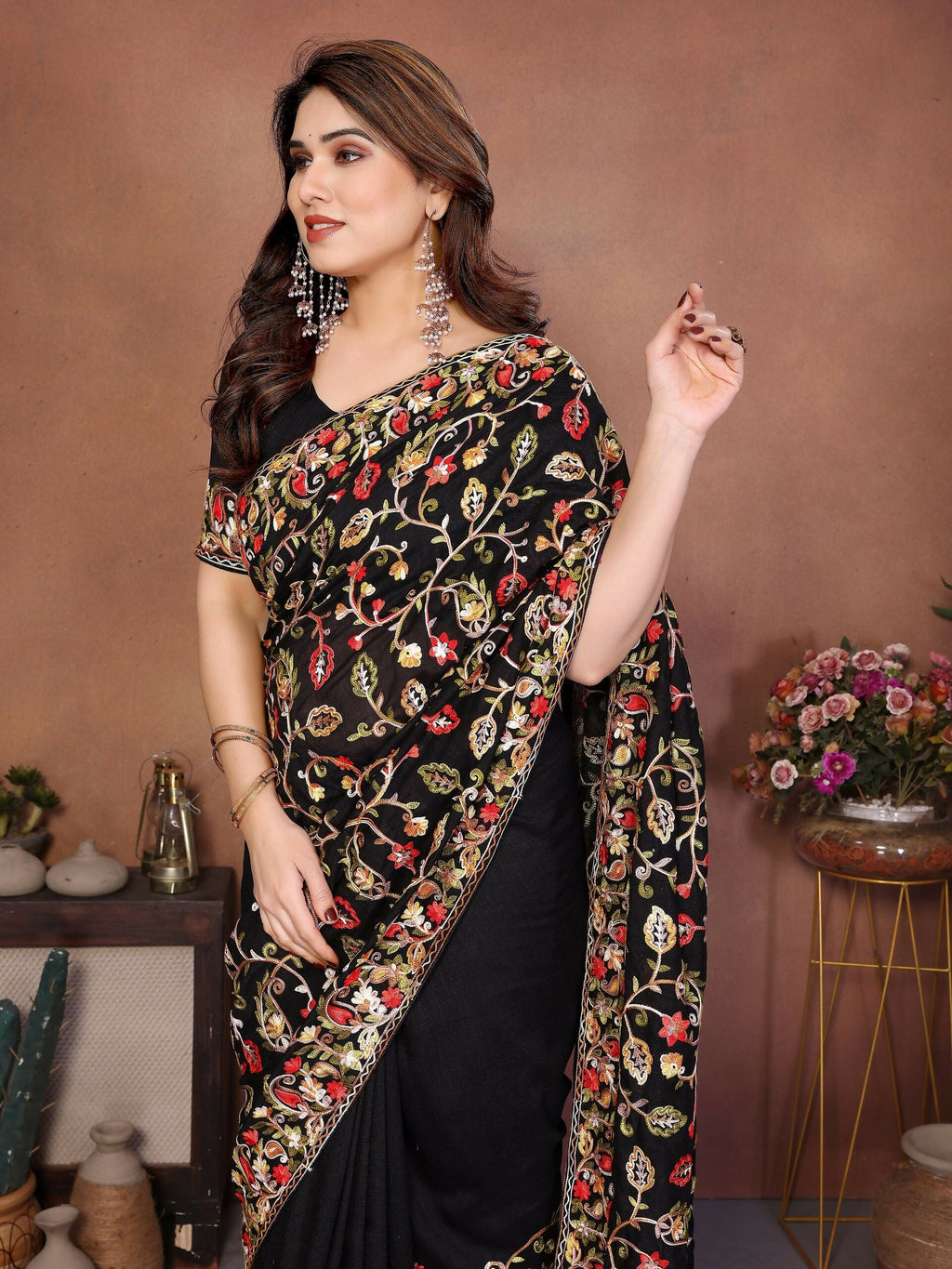 Teeya Creation New Latest Party Wear Lucknowi Soft Silk Saree-Black | Grocsy
