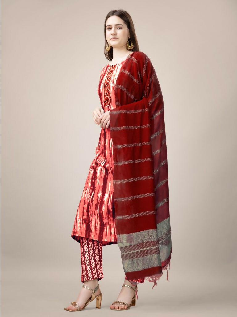 Jyoti Fashion Women's Orange Rayon Print with Embroidery & Fancy Lace Work Kurta with Trouser & Dupatta | Grocsy