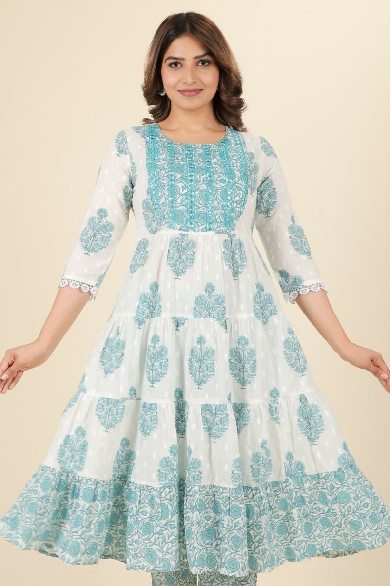 Aramya White Soft Cotton Block Anarkali Kurta for Women | Grocsy