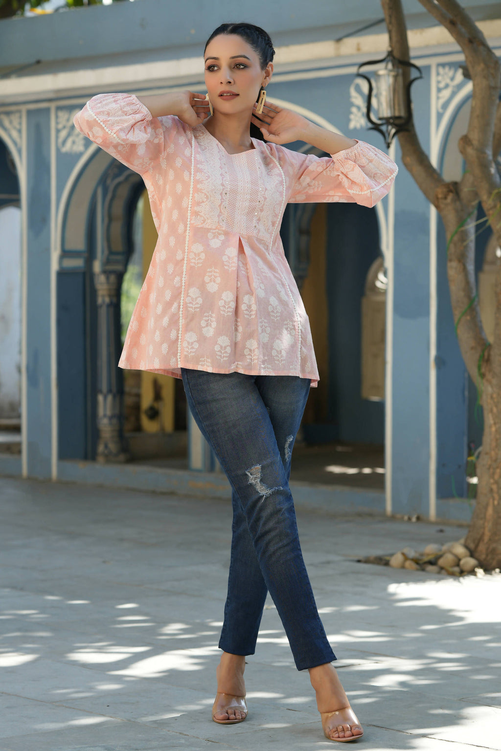 Juniper Women's Peach Cambric Placement Floral Printed Tunic | Grocsy