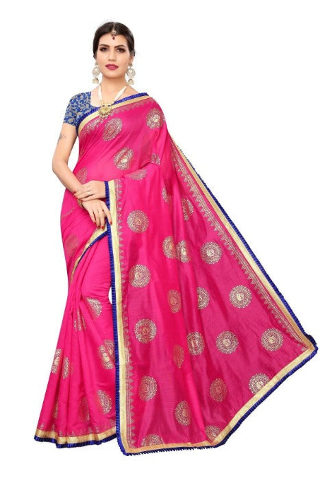 Vamika Chanderi Cotton Foil Print Pink Saree (GOLDEN BIRD Pink) | Grocsy