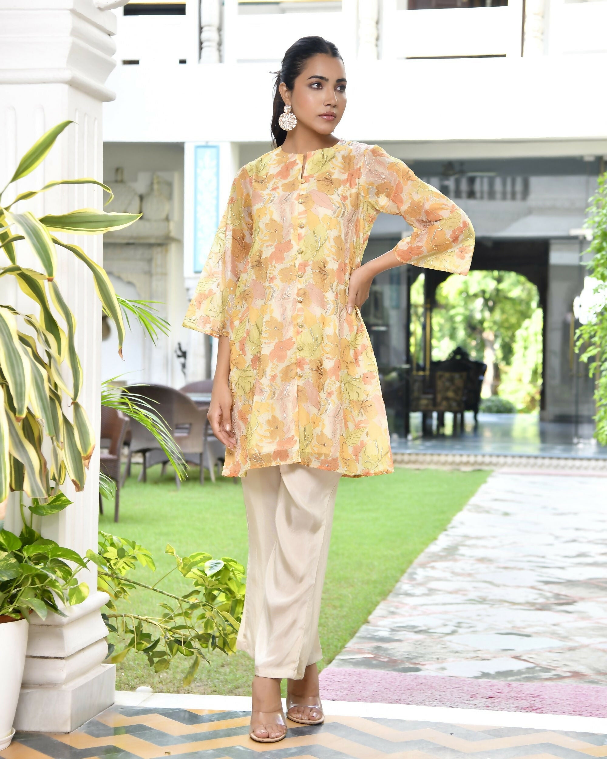 Vaasva Women's Lemon Yellow Organza Digital Printed Cord Set | Grocsy