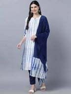 Myshka Women White Blue Tie Dyed Kurta Trousers With Dupatta Set | Grocsy