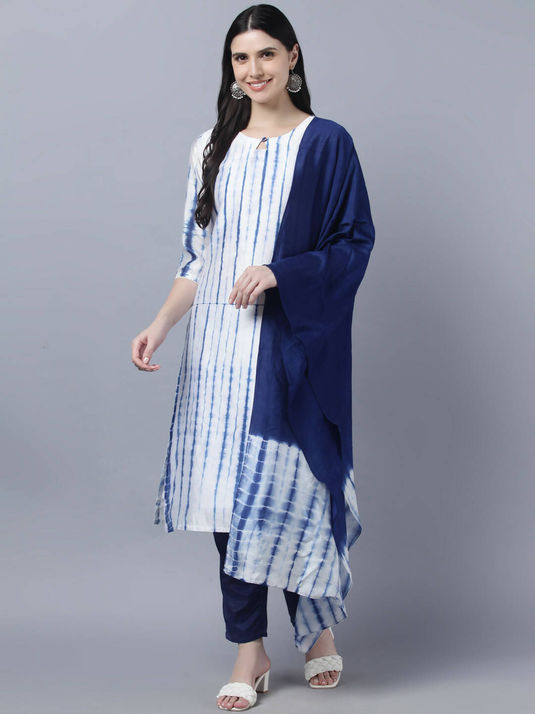Myshka Women White Blue Tie Dyed Kurta Trousers With Dupatta Set | Grocsy
