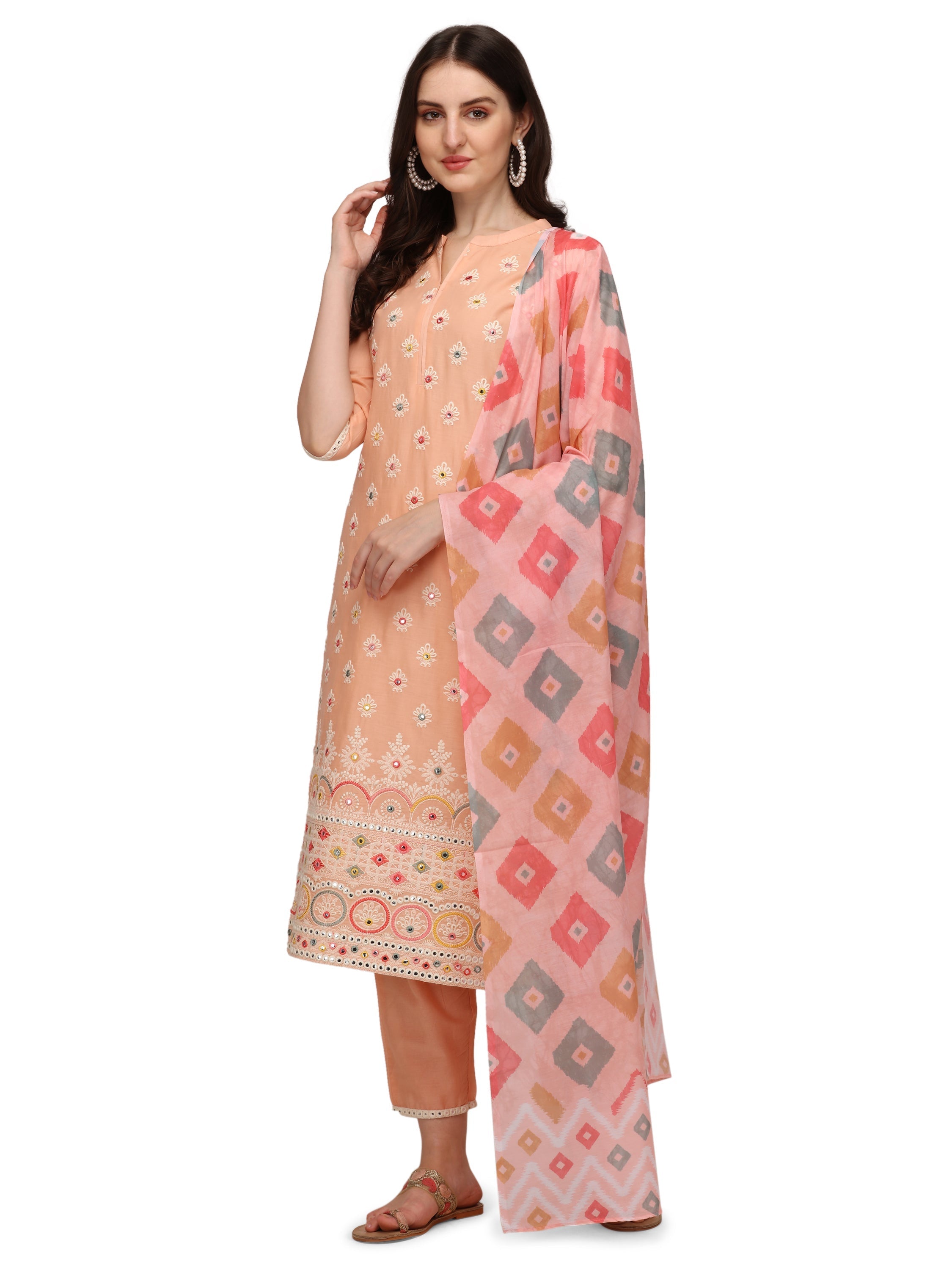 Lucknawi Embroidered Kurta With Pant & Dupatta, Multicolor - Hiral Fashion | Grocsy