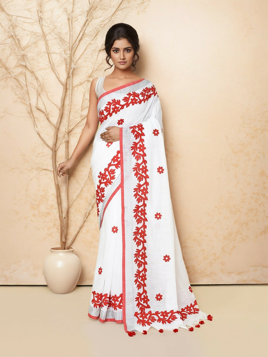 Joban Fashion White & Red Cotton Applic Saree | Grocsy