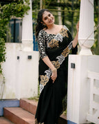 Vastranavya Satin Chiffon Silk Beautiful Designer Zari Thread Embroidery work of Leaf Design with Cutwork Border Saree with Blouse Material - Black | Grocsy
