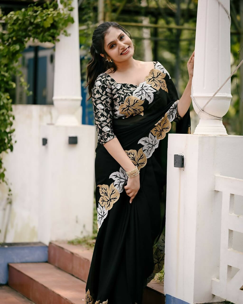 Vastranavya Satin Chiffon Silk Beautiful Designer Zari Thread Embroidery work of Leaf Design with Cutwork Border Saree with Blouse Material - Black | Grocsy