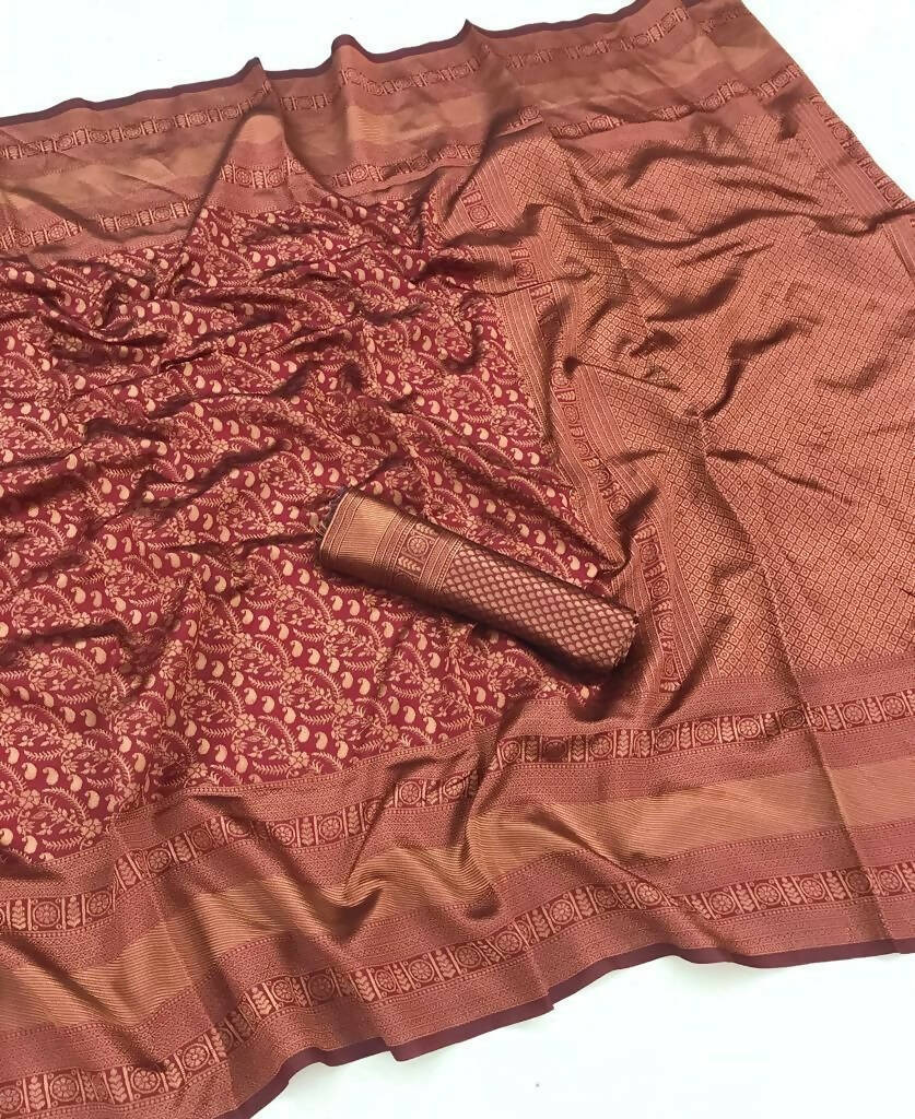 DEIANA'S Beautiful Designer Golden zari Soft Lichi Silk Saree - Maroon | Grocsy