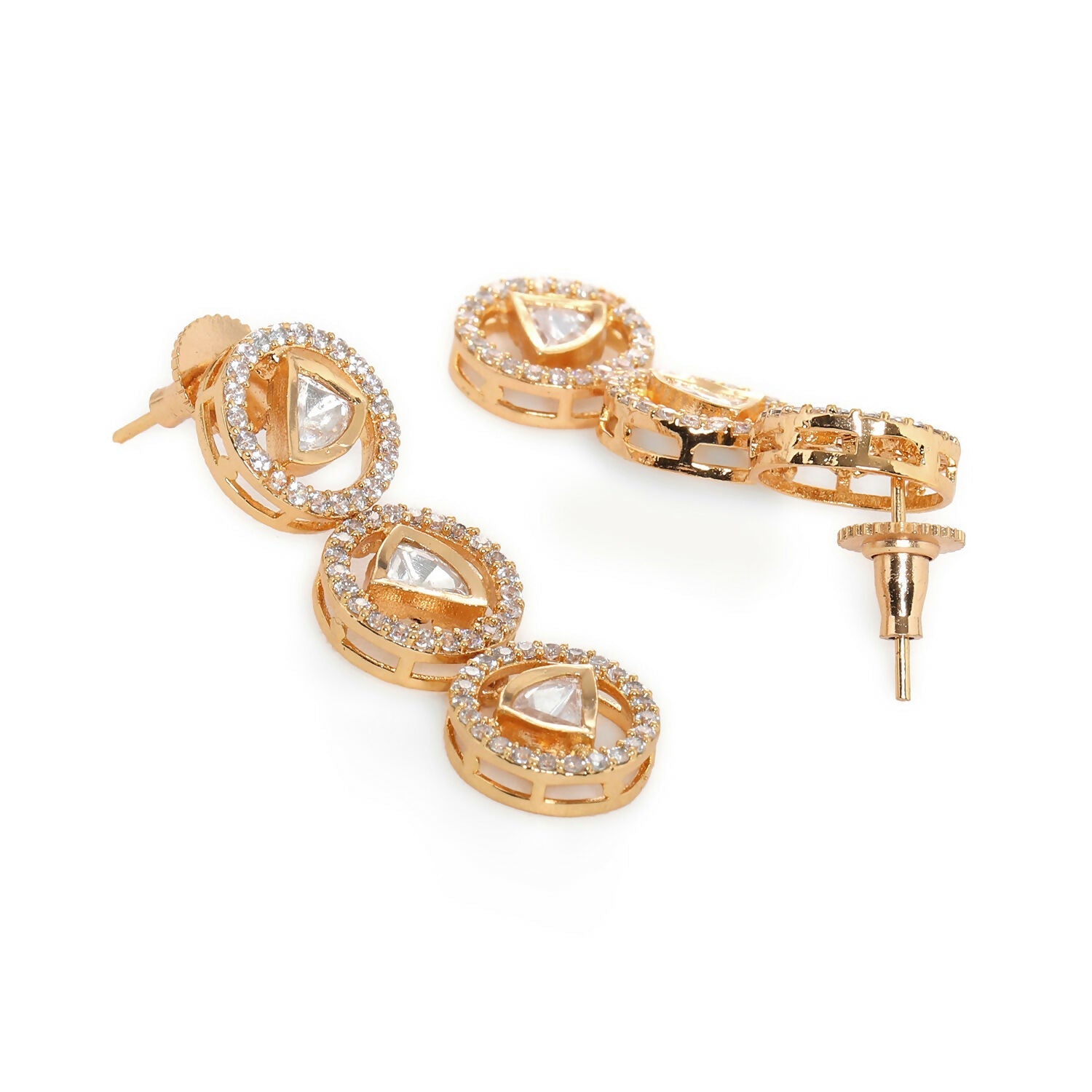 3 Tier Round Diamond and Kundan Earrings (Gold) - Ruby Raang | Grocsy