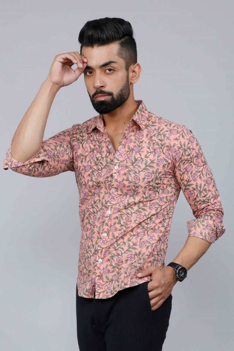 Miravan Men's Orange Printed Full Sleeve Cotton Shirt | Grocsy
