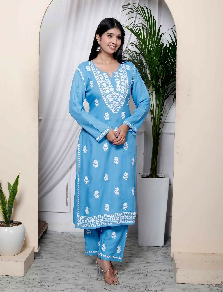 Miravan Womens Blue Embroidered Kurta With Palazzo | Grocsy