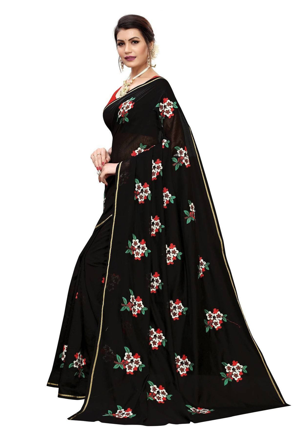 Vamika Black Chanderi Cotton Embroidery Floral Saree | Grocsy