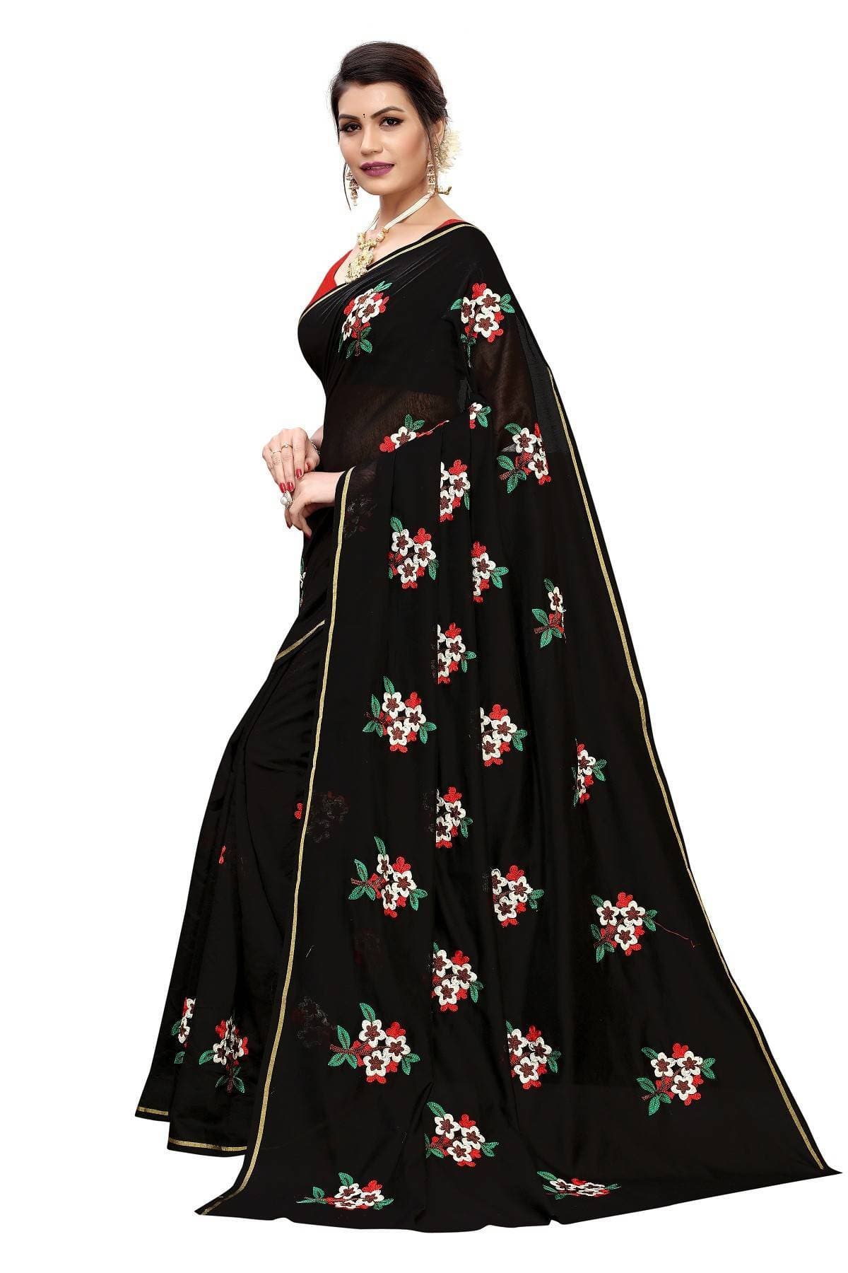 Vamika Black Chanderi Cotton Embroidery Floral Saree | Grocsy