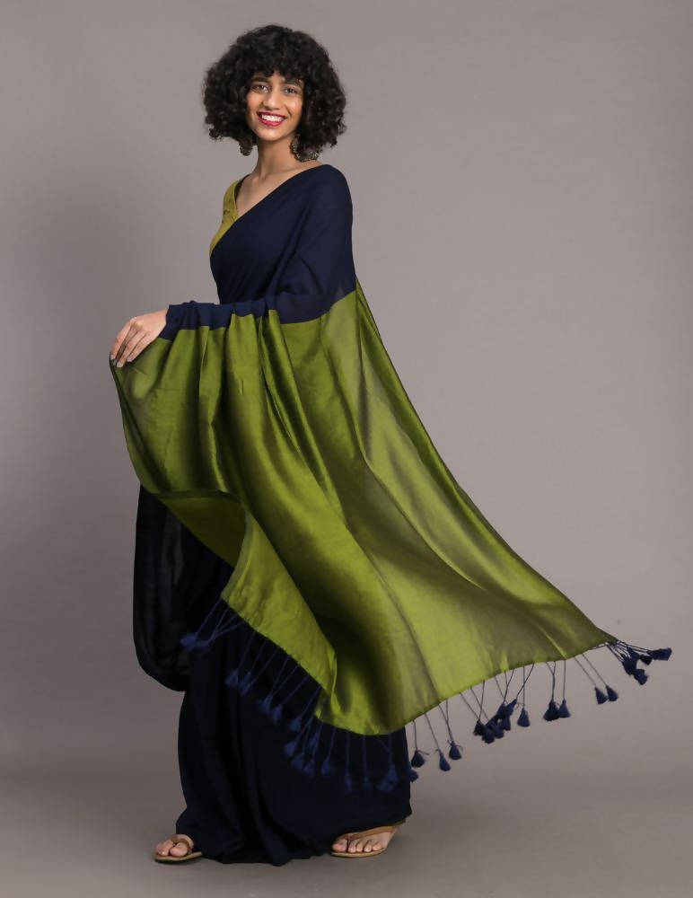 Suta Blue Green Colourblocked Cotton Blend Saree | Grocsy