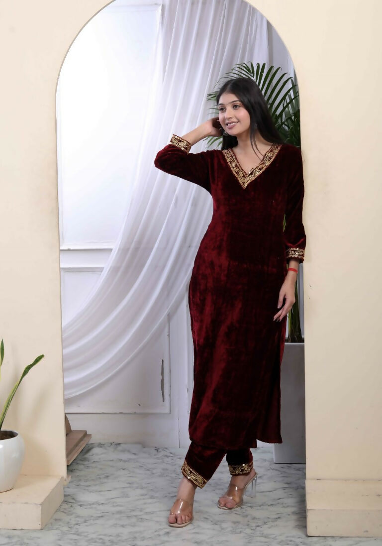 Miravan Women's Maroon Velvet Sequence Work Straight Kurta With Palazzo | Grocsy