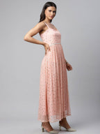 Ahalyaa Women Pink Net Gold Foil Print Dress | Grocsy