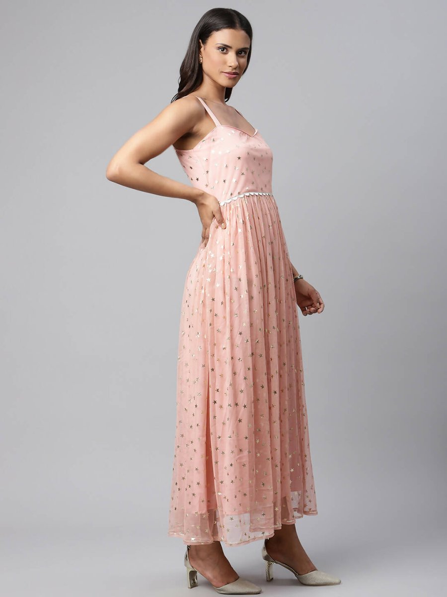 Ahalyaa Women Pink Net Gold Foil Print Dress | Grocsy