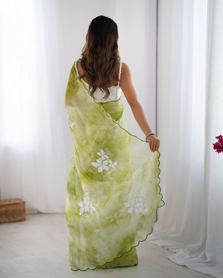 Green Jimmy Choo Printed, Sequence Embroidery Work Saree - Saima | Grocsy