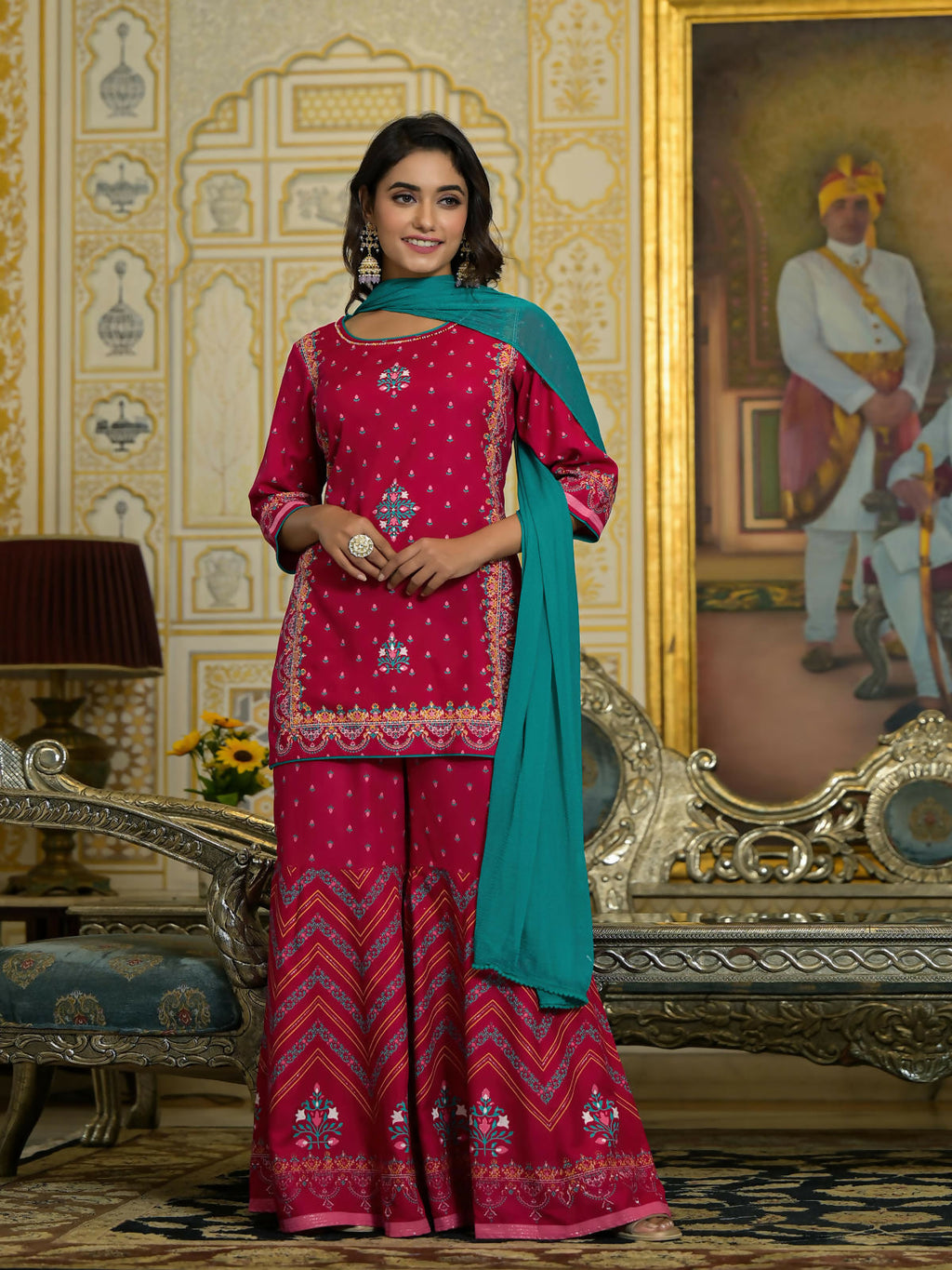 Juniper Women's Fuchsia Ethnic Motif Printed Liva Rayon Tunic Sharara and Dupatta Set With Sequins & Gota Patti Work | Grocsy