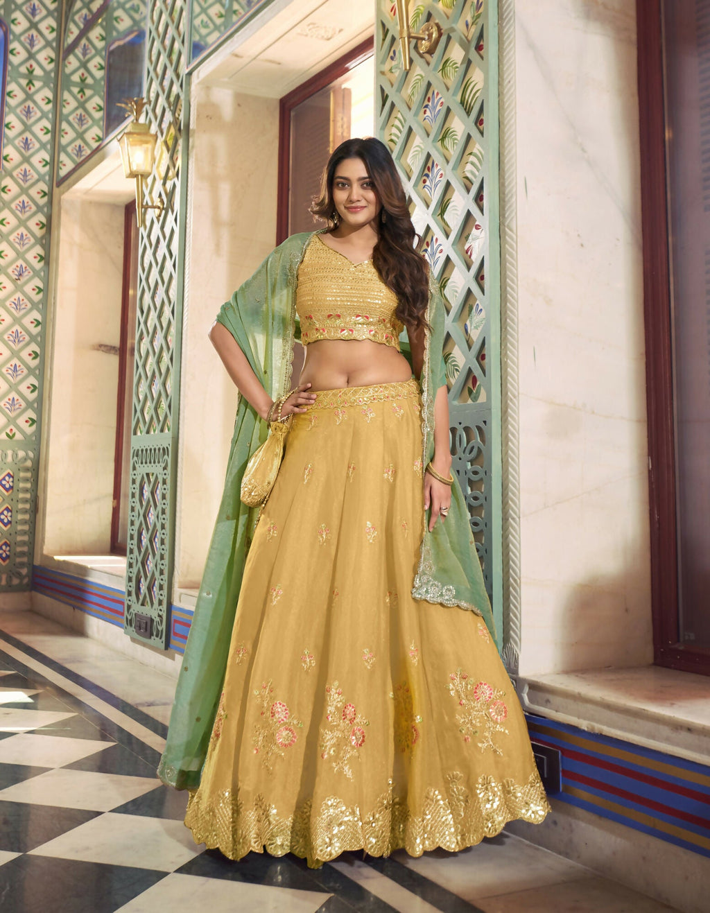 Lorenvalley Fashion Yellow NC Moss Silk Sequins and Thread Embroidery Work Lehenga Choli with Dupatta | Grocsy