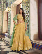 Lorenvalley Fashion Yellow NC Moss Silk Sequins and Thread Embroidery Work Lehenga Choli with Dupatta | Grocsy