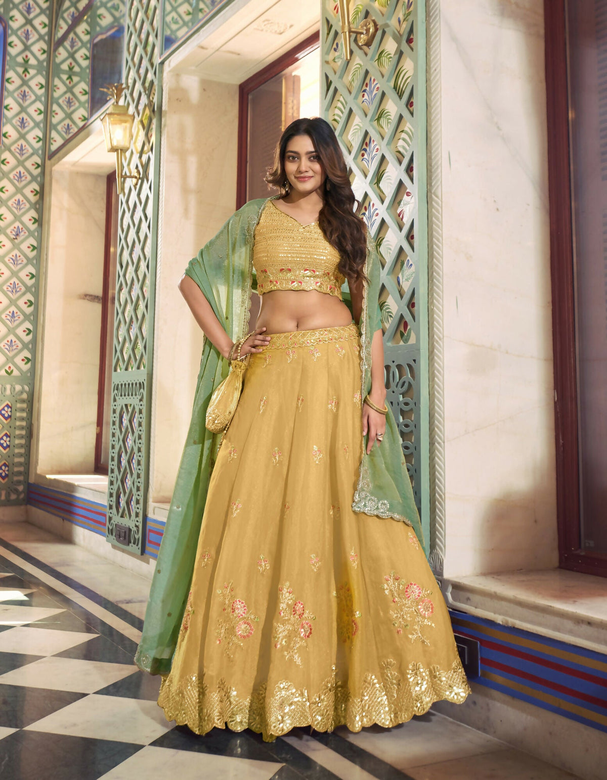 Lorenvalley Fashion Yellow NC Moss Silk Sequins and Thread Embroidery Work Lehenga Choli with Dupatta | Grocsy