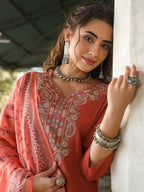 Juniper Women's Rust Silk Solid Embroidered Kurta Set | Grocsy