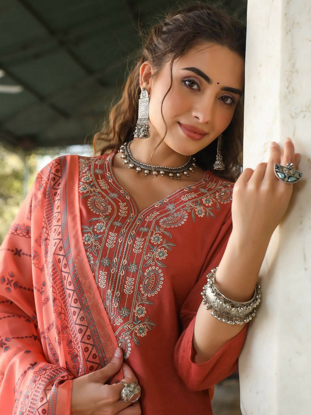 Juniper Women's Rust Silk Solid Embroidered Kurta Set | Grocsy