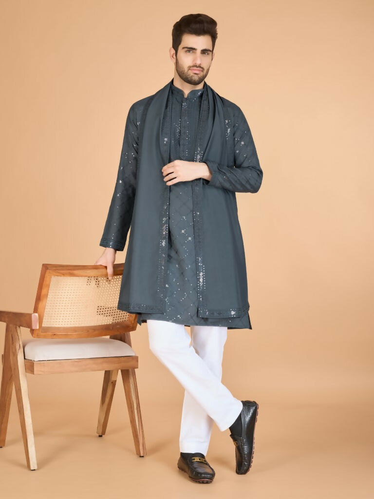 Vastranavya Grey Exclusive Festival Wear Viscose Silk Thread & Sequence Embroidered Work Kurta with Dupatta | Grocsy