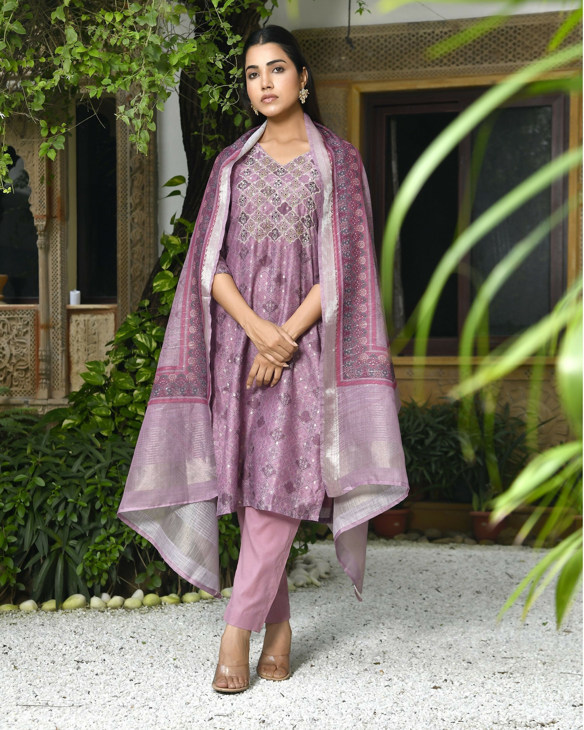 Vaasva Women's Chanderi Printed Suit Set With Pant And Printed Dupatta | Grocsy